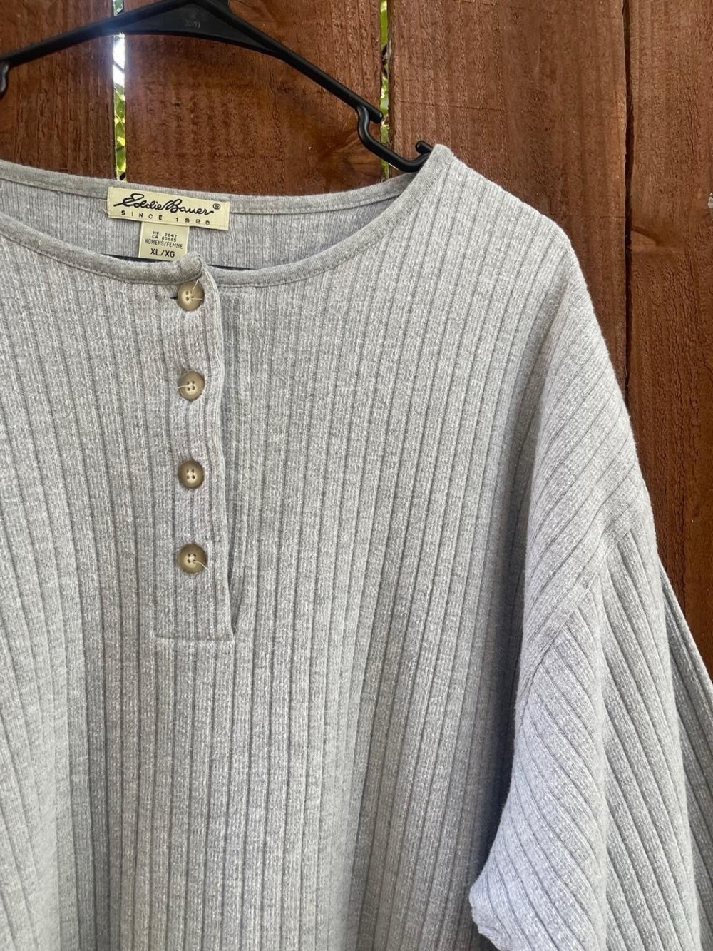VTG Eddie Bauer Gray Ribbed Cotton Henley Cozy Oversized Sweater Sz XL